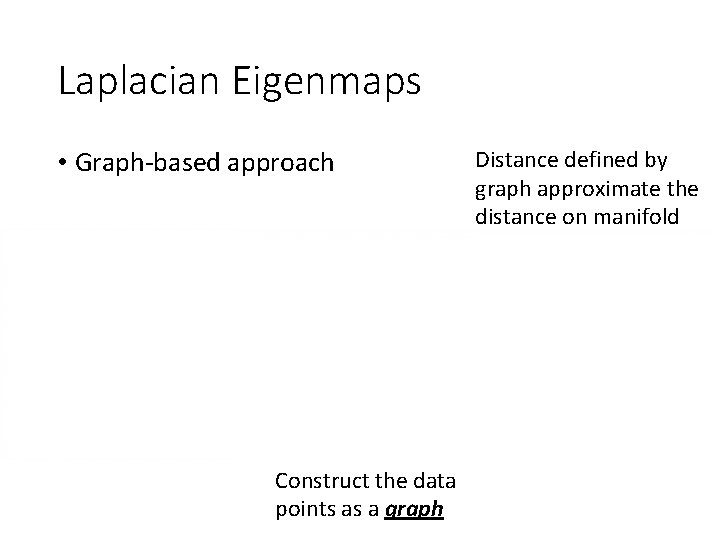 Laplacian Eigenmaps • Graph-based approach Construct the data points as a graph Distance defined