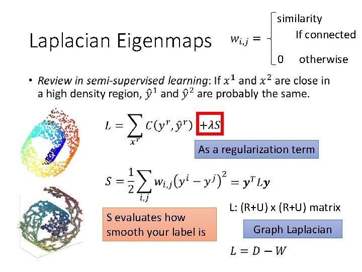Laplacian Eigenmaps similarity If connected 0 otherwise • As a regularization term S evaluates