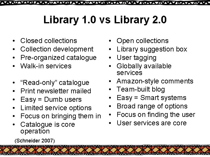 Library 1. 0 vs Library 2. 0 • • Closed collections Collection development Pre-organized Library 1. 0 vs Library 2. 0 • • Closed collections Collection development Pre-organized