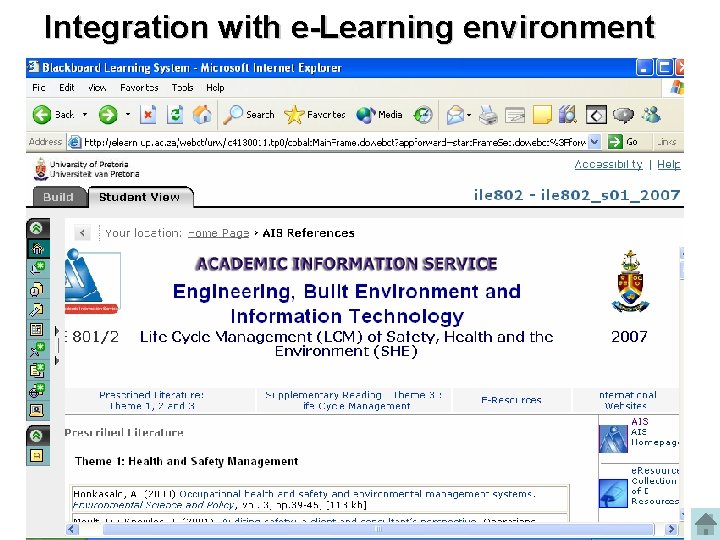 Integration with e-Learning environment Integration with e-Learning environment