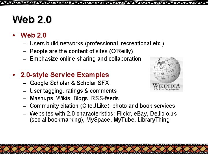 Web 2. 0 • Web 2. 0 – Users build networks (professional, recreational etc. Web 2. 0 • Web 2. 0 – Users build networks (professional, recreational etc.