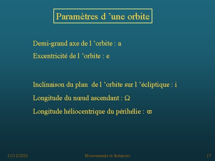 Paramètres d ’une orbite Demi-grand axe de l ’orbite : a Excentricité de l