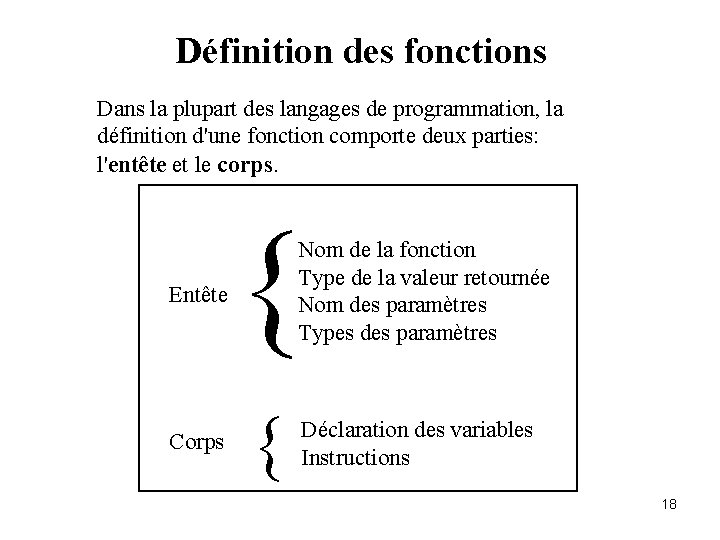 Définition des fonctions Dans la plupart des langages de programmation, la définition d'une fonction