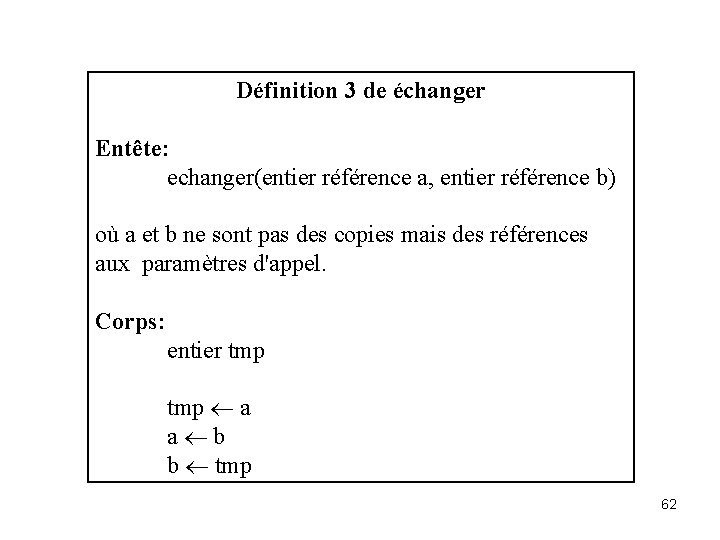 Définition 3 de échanger Entête: echanger(entier référence a, entier référence b) où a et