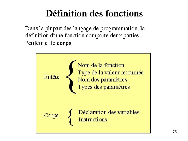 Définition des fonctions Dans la plupart des langage de programmation, la définition d'une fonction