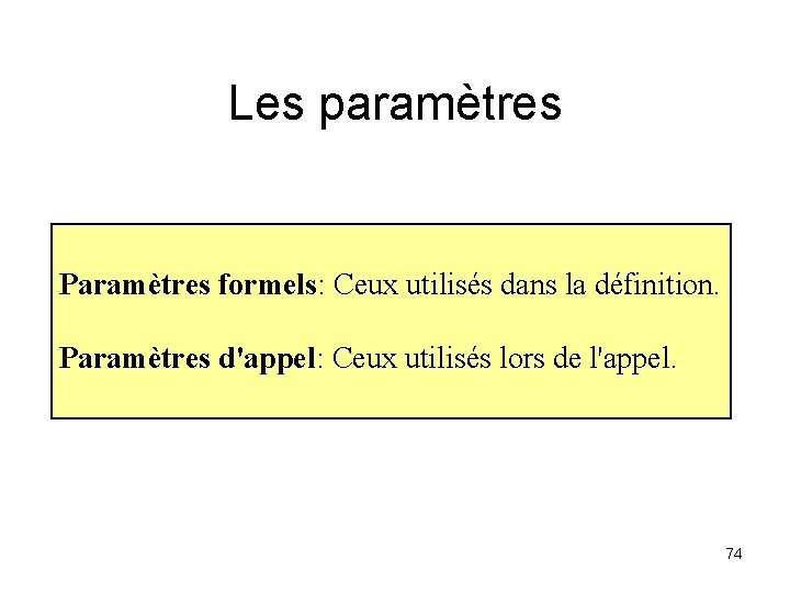 Les paramètres Paramètres formels: Ceux utilisés dans la définition. Paramètres d'appel: Ceux utilisés lors