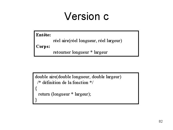 Version c Entête: réel aire(réel longueur, réel largeur) Corps: retourner longueur * largeur double