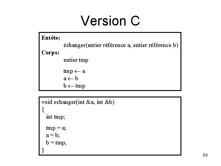 Version C Entête: échanger(entier référence a, entier référence b) Corps: entier tmp ¬ a