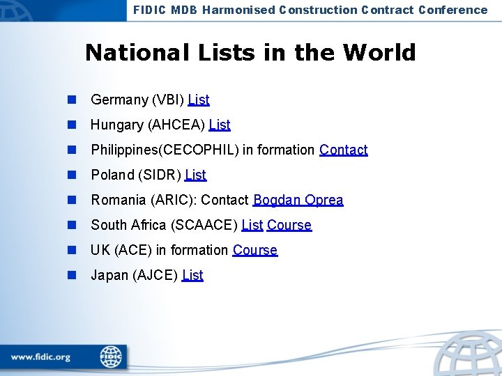 FIDIC MDB Harmonised Construction Contract Conference National Lists in the World n Germany (VBI)