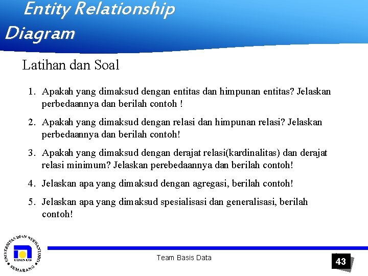 Entity Relationship Diagram Latihan dan Soal 1. Apakah yang dimaksud dengan entitas dan himpunan