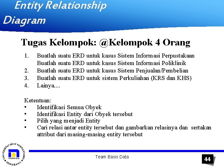 Entity Relationship Diagram Tugas Kelompok: @Kelompok 4 Orang 1. 2. 3. 4. Buatlah suatu