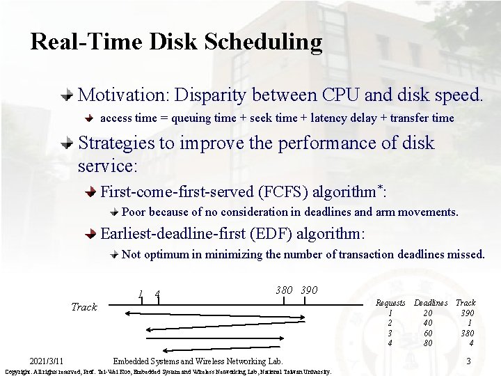 Real-Time Disk Scheduling Motivation: Disparity between CPU and disk speed. access time = queuing