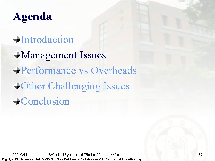 Agenda Introduction Management Issues Performance vs Overheads Other Challenging Issues Conclusion 2021/3/11 Embedded Systems