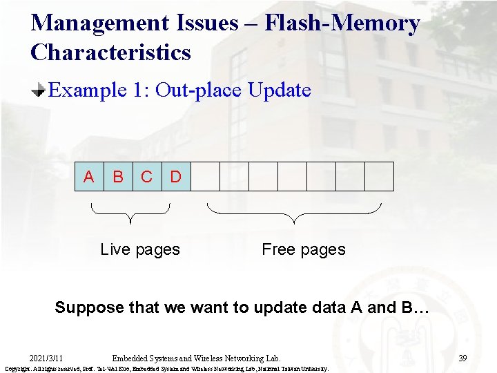 Management Issues – Flash-Memory Characteristics Example 1: Out-place Update A B C D Live