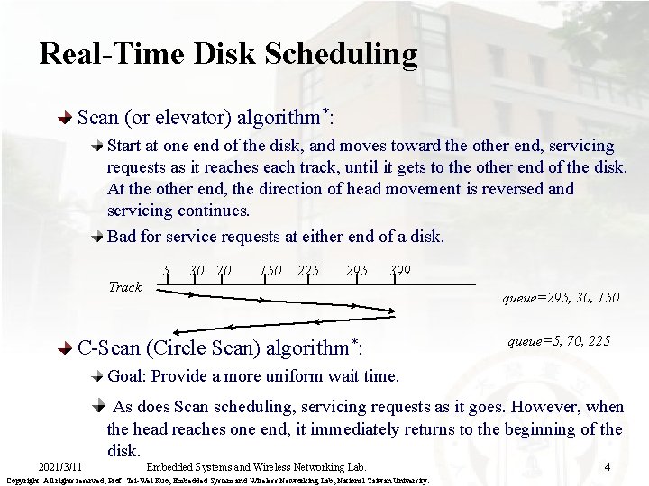 Real-Time Disk Scheduling Scan (or elevator) algorithm*: Start at one end of the disk,