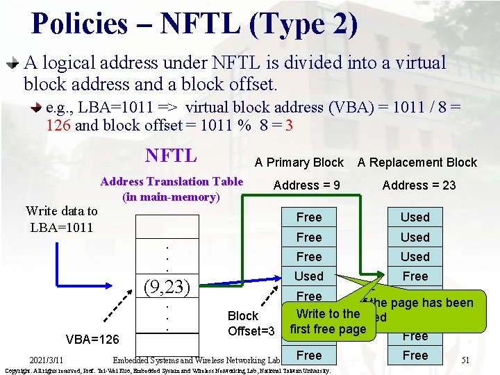 Policies – NFTL (Type 2) A logical address under NFTL is divided into a