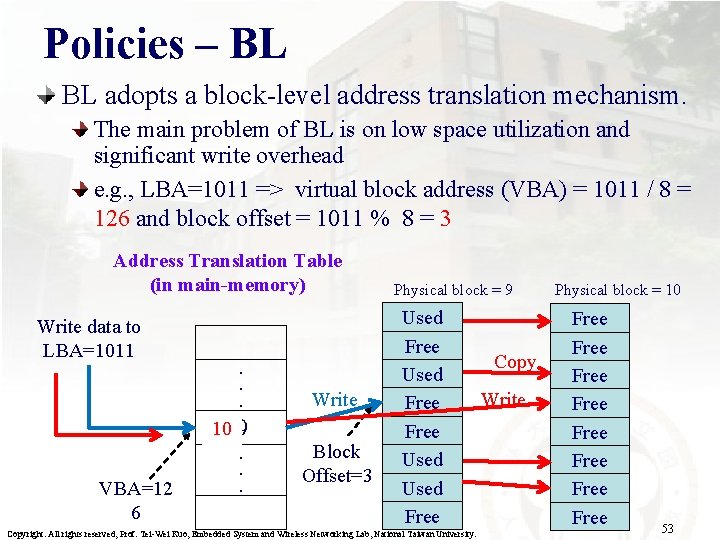 Policies – BL BL adopts a block-level address translation mechanism. The main problem of