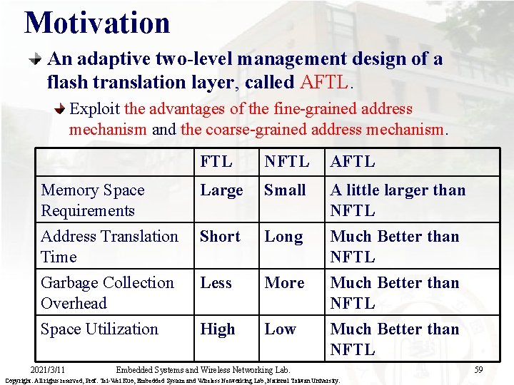 Motivation An adaptive two-level management design of a flash translation layer, called AFTL. Exploit