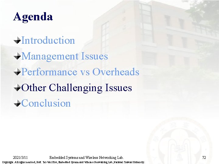 Agenda Introduction Management Issues Performance vs Overheads Other Challenging Issues Conclusion 2021/3/11 Embedded Systems