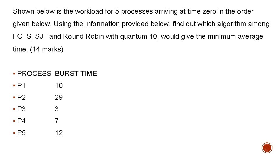 Shown below is the workload for 5 processes arriving at time zero in the