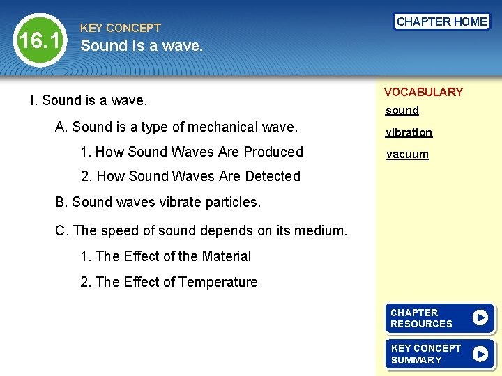 16. 1 KEY CONCEPT CHAPTER HOME Sound is a wave. I. Sound is a