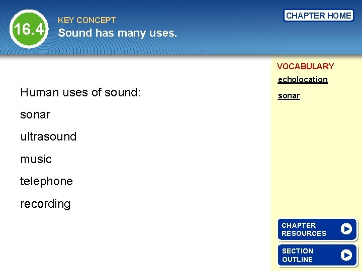 16. 4 KEY CONCEPT CHAPTER HOME Sound has many uses. VOCABULARY echolocation Human uses