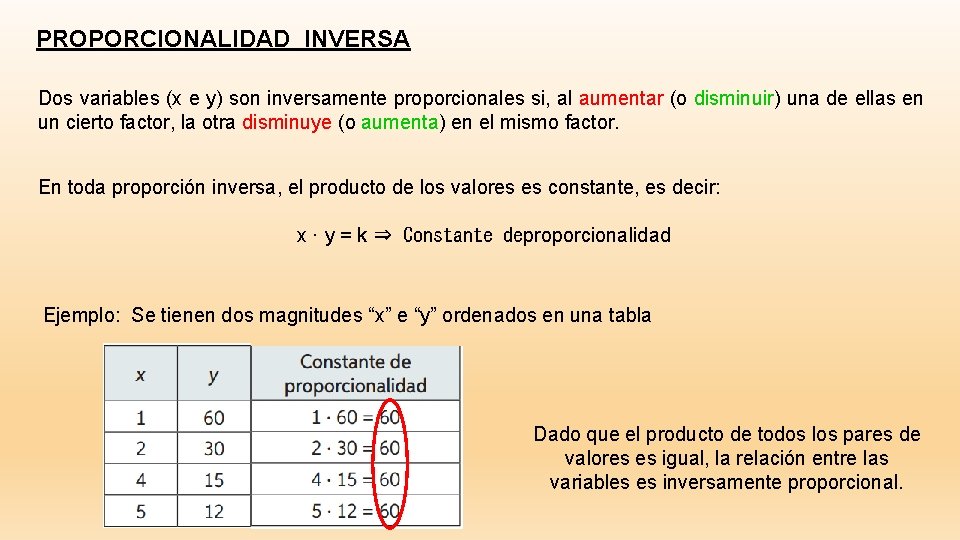 PROPORCIONALIDAD INVERSA Dos variables (x e y) son inversamente proporcionales si, al aumentar (o