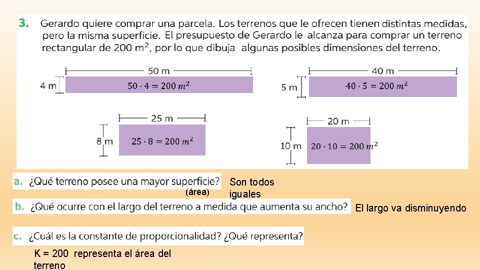  (área) Son todos iguales El largo va disminuyendo K = 200 representa el