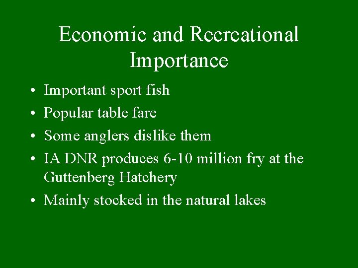 Economic and Recreational Importance • • Important sport fish Popular table fare Some anglers