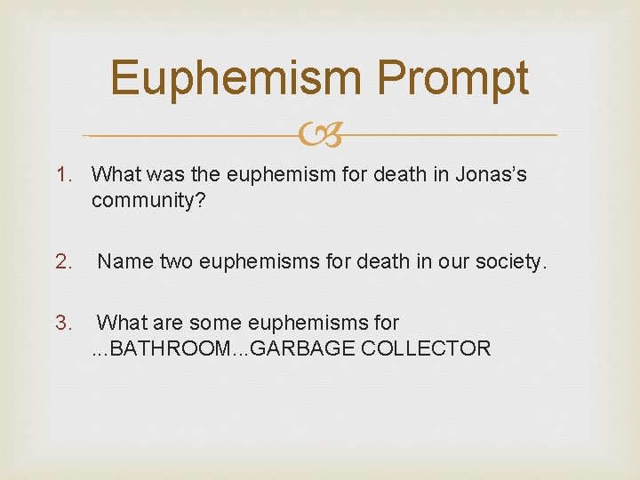 Euphemism Prompt 1. What was the euphemism for death in Jonas’s community? 2. Name