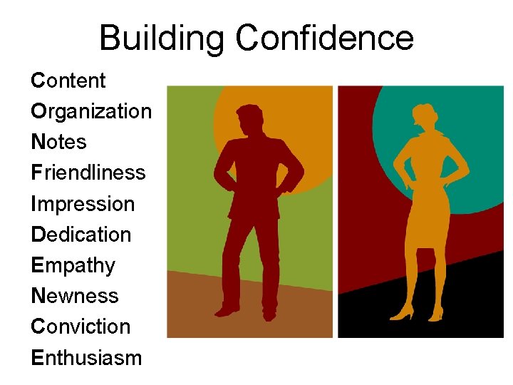 Building Confidence Content Organization Notes Friendliness Impression Dedication Empathy Newness Conviction Enthusiasm 