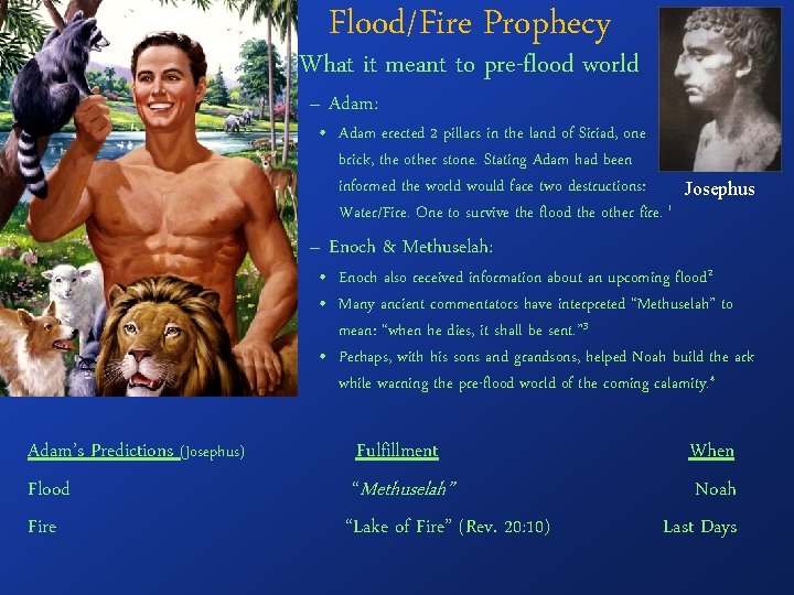 Flood/Fire Prophecy What it meant to pre-flood world – Adam: • Adam erected 2