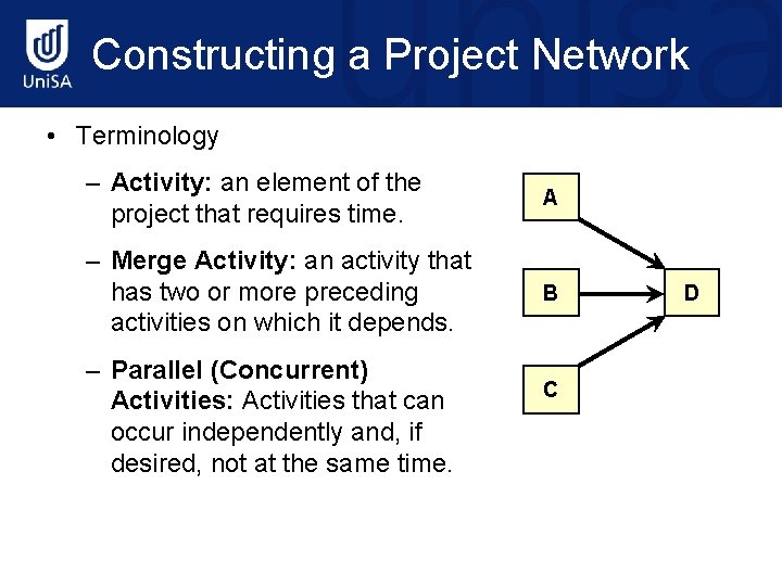 Constructing a Project Network • Terminology – Activity: an element of the project that