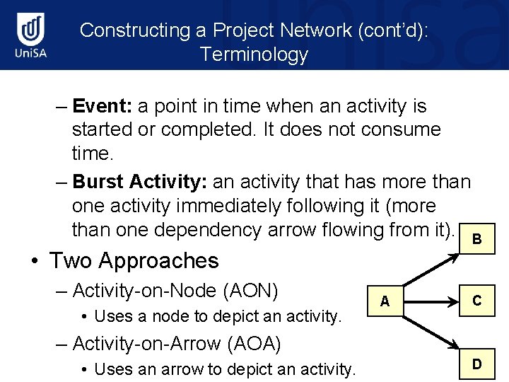 Constructing a Project Network (cont’d): Terminology – Event: a point in time when an