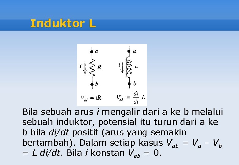 Induktor L Bila sebuah arus i mengalir dari a ke b melalui sebuah induktor,