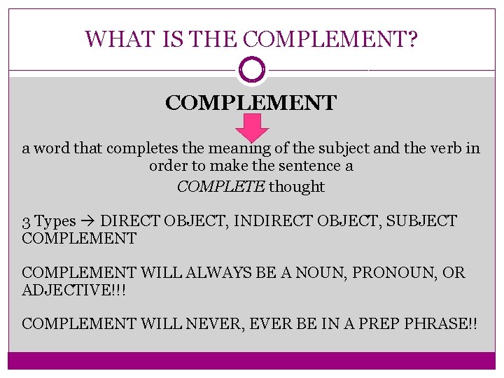 WHAT IS THE COMPLEMENT? COMPLEMENT a word that completes the meaning of the subject