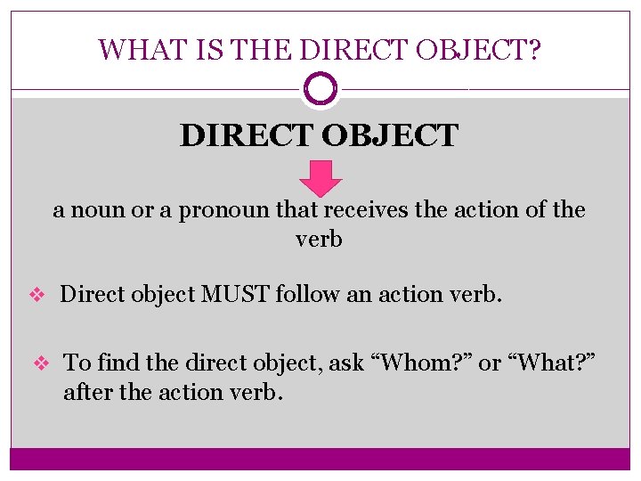 WHAT IS THE DIRECT OBJECT? DIRECT OBJECT a noun or a pronoun that receives