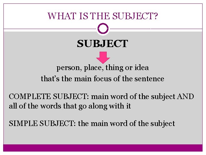 WHAT IS THE SUBJECT? SUBJECT person, place, thing or idea that’s the main focus