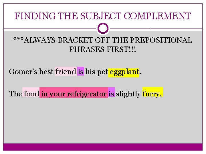 FINDING THE SUBJECT COMPLEMENT ***ALWAYS BRACKET OFF THE PREPOSITIONAL PHRASES FIRST!!! Gomer’s best friend