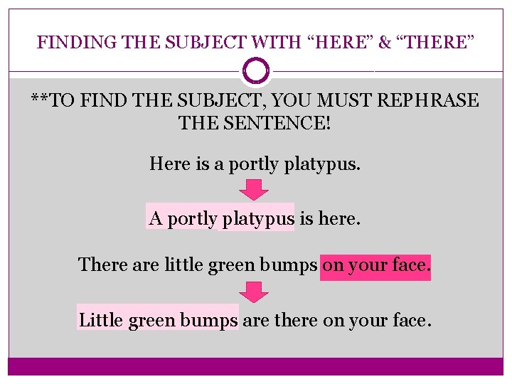 FINDING THE SUBJECT WITH “HERE” & “THERE” **TO FIND THE SUBJECT, YOU MUST REPHRASE