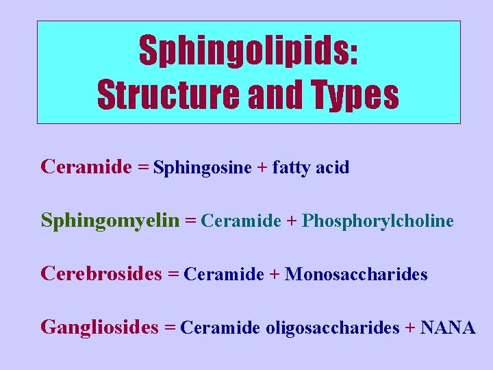 Sphingolipids: Structure and Types Ceramide = Sphingosine + fatty acid Sphingomyelin = Ceramide +