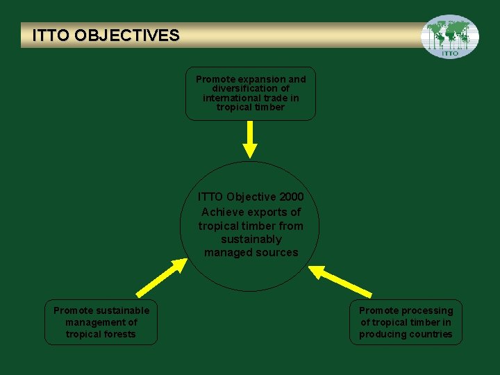 ITTO OBJECTIVES Promote expansion and diversification of international trade in tropical timber ITTO Objective
