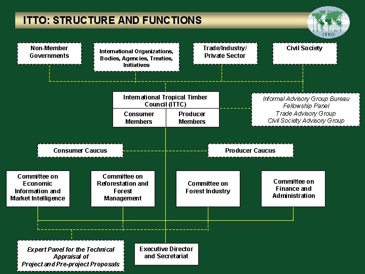 ITTO: STRUCTURE AND FUNCTIONS Non-Member Governments Trade/Industry/ Private Sector International Organizations, Bodies, Agencies, Treaties,