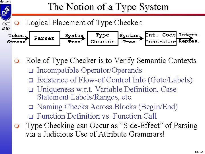 The Notion of a Type System CSE 4102 m Token Stream m m Logical