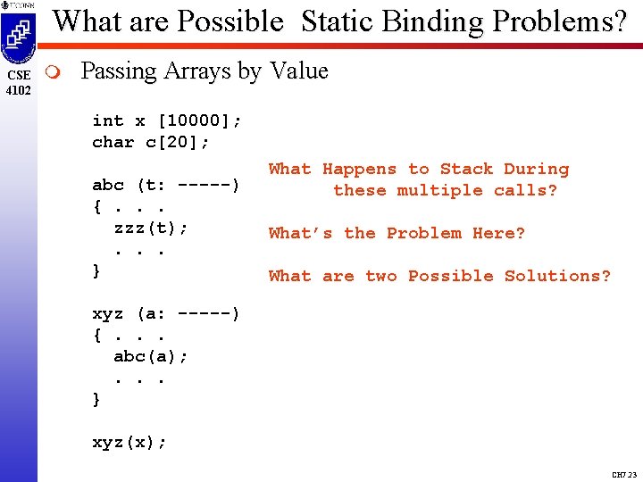 What are Possible Static Binding Problems? CSE 4102 m Passing Arrays by Value int