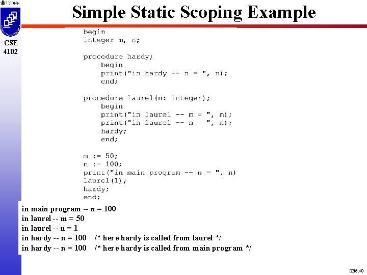 Simple Static Scoping Example CSE 4102 in main program -- n = 100 in