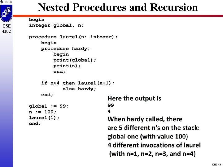 Nested Procedures and Recursion CSE 4102 CH 6. 43 