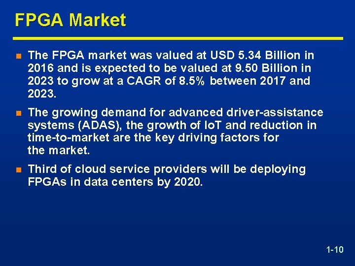 FPGA Market n The FPGA market was valued at USD 5. 34 Billion in