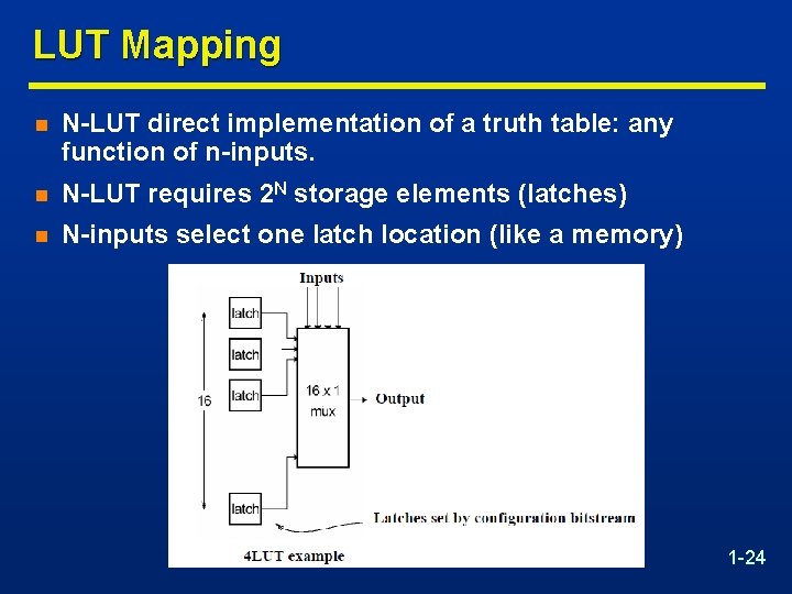 LUT Mapping n N-LUT direct implementation of a truth table: any function of n-inputs.