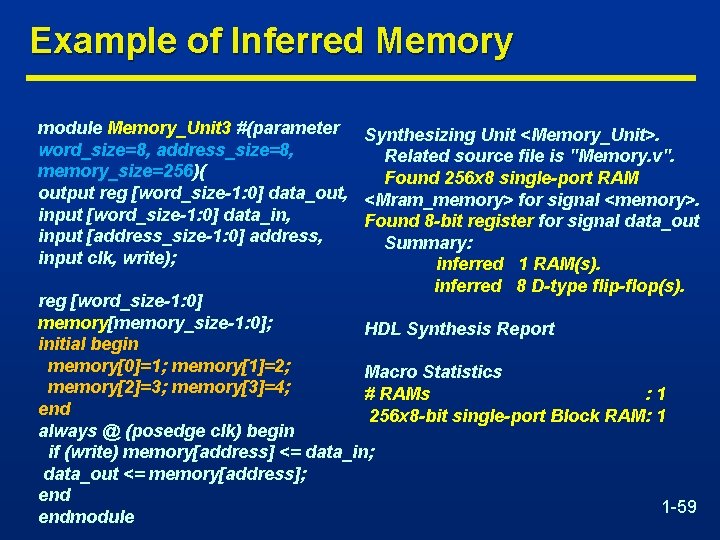Example of Inferred Memory module Memory_Unit 3 #(parameter Synthesizing Unit <Memory_Unit>. word_size=8, address_size=8, Related
